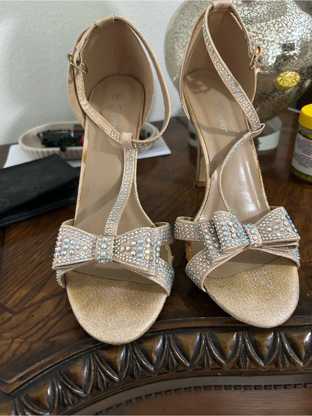 Nine West Champagne Rhinestone Bow T-Strap Heels